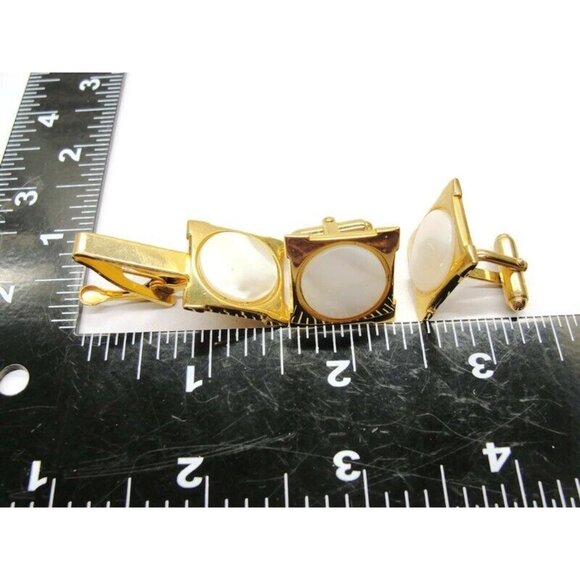 Square Gold-Tone & MOP Cufflinks Set w Tie Clasp Tux Shirt Dress Suit Vintage - Picture 3 of 6